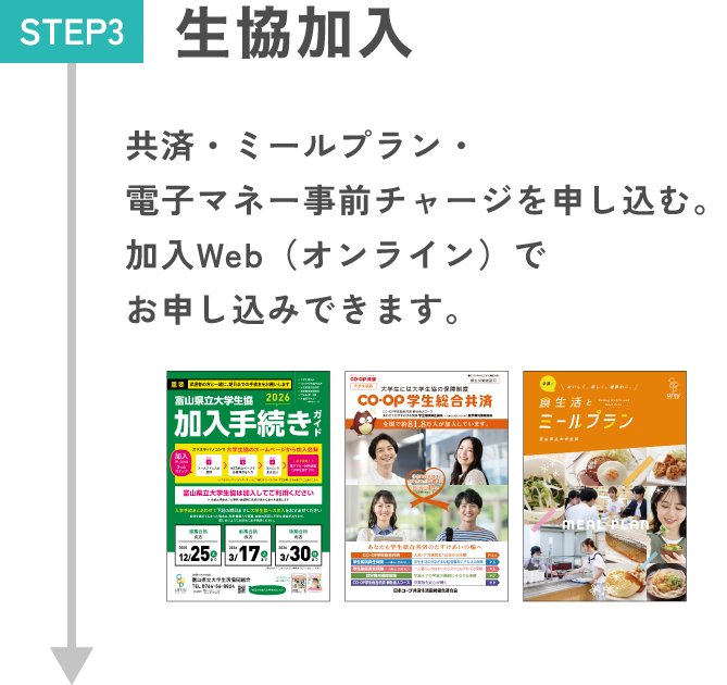 STEP3.生協加入 共済・ミールプラン・電子マネー事前チャージを申し込む。加入Web（オンライン）でお申し込みできます。
